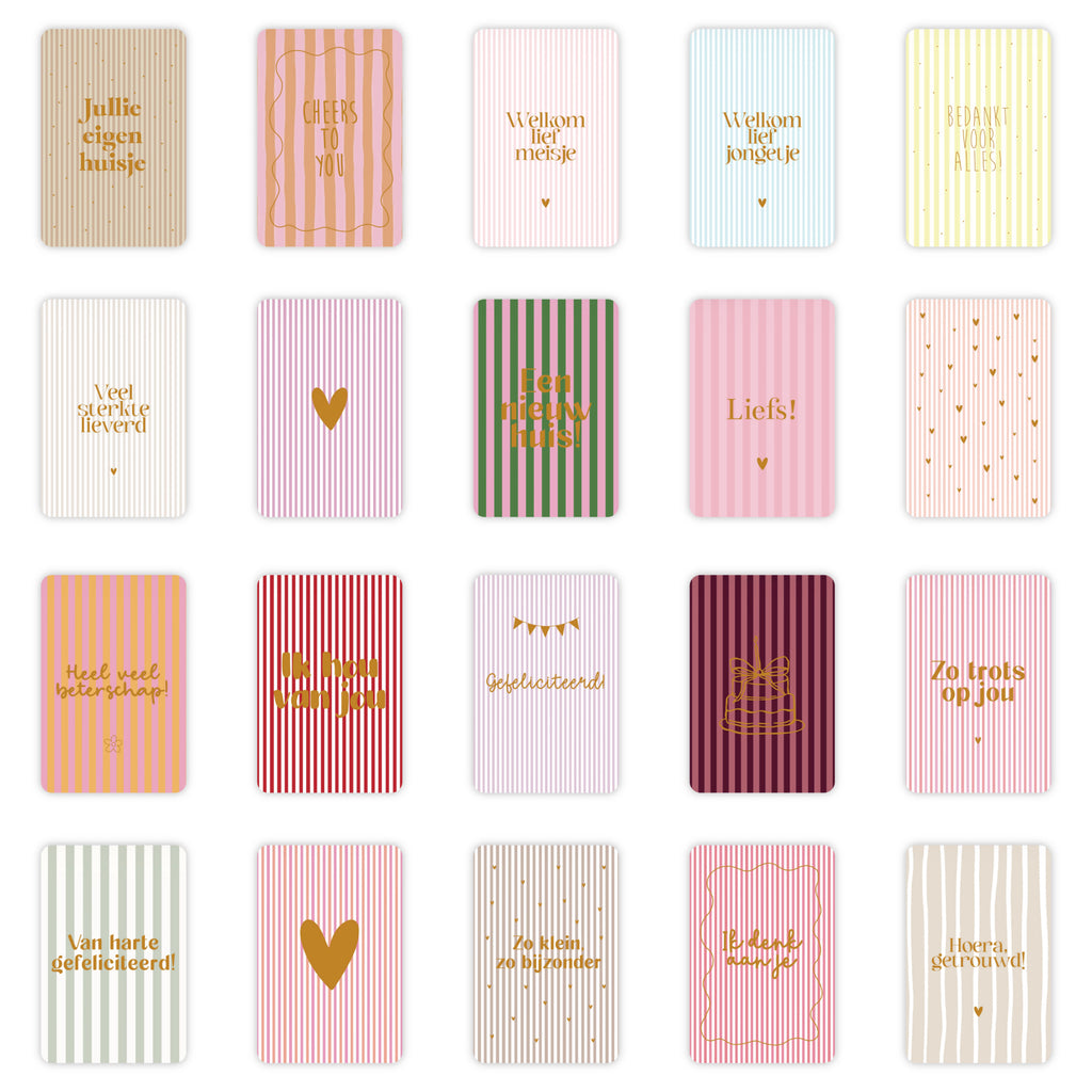 Wenskaarten | Set van 20 met goudfolie | Streepjescollectie